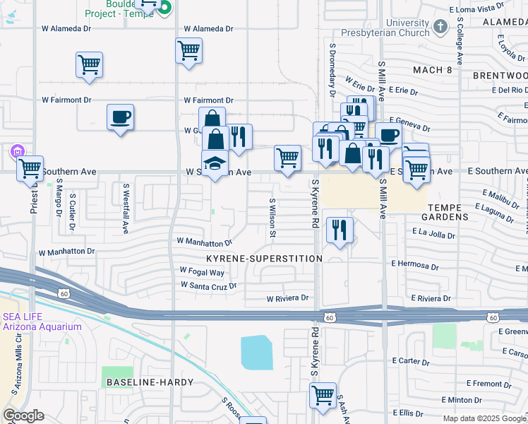 map of restaurants, bars, coffee shops, grocery stores, and more near 3500 South Wilson Street in Tempe