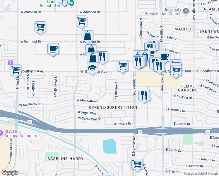 map of restaurants, bars, coffee shops, grocery stores, and more near 3412 South Roosevelt Street in Tempe