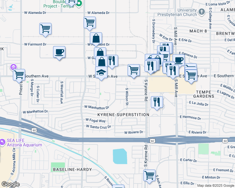 map of restaurants, bars, coffee shops, grocery stores, and more near 3412 South Roosevelt Street in Tempe