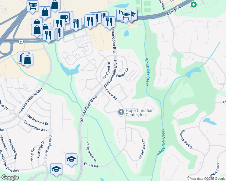 map of restaurants, bars, coffee shops, grocery stores, and more near 3 Camphor Drive in Newnan