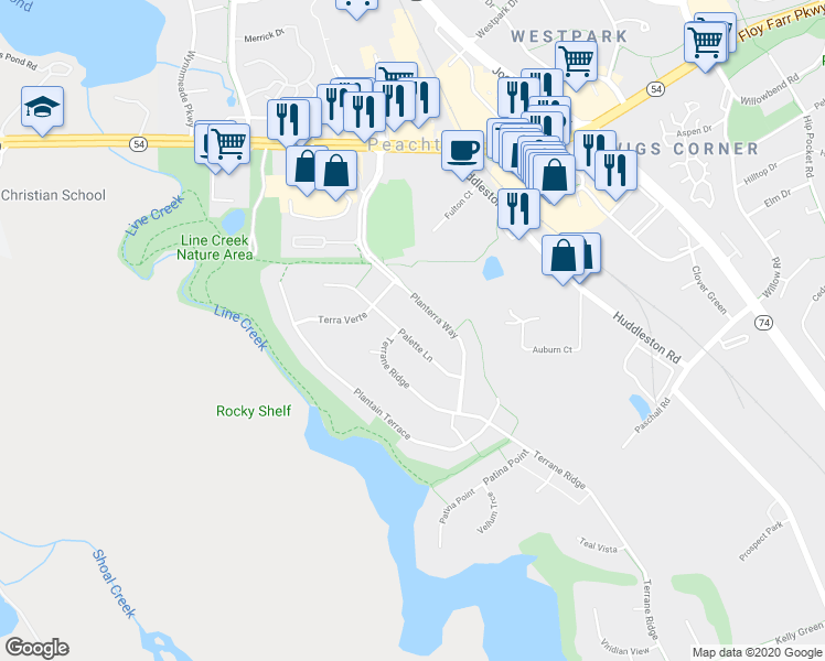 map of restaurants, bars, coffee shops, grocery stores, and more near 216 Palette Lane in Peachtree City