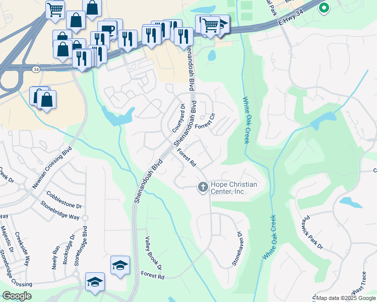 map of restaurants, bars, coffee shops, grocery stores, and more near 3 Camphor Drive in Newnan