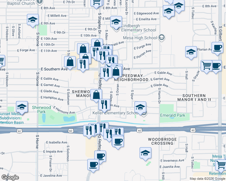 map of restaurants, bars, coffee shops, grocery stores, and more near 1246 East Glade Avenue in Mesa