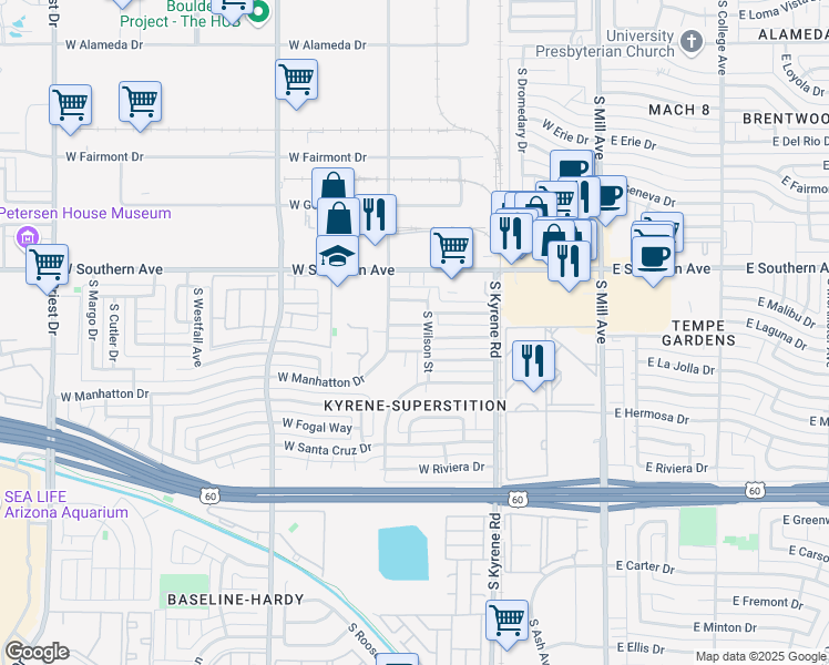 map of restaurants, bars, coffee shops, grocery stores, and more near 3500 South Wilson Street in Tempe