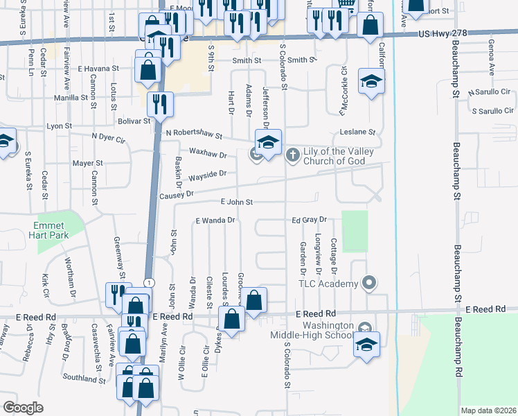 map of restaurants, bars, coffee shops, grocery stores, and more near 1322 East John Street in Greenville