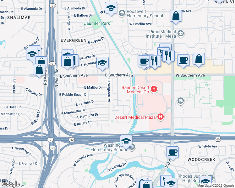 map of restaurants, bars, coffee shops, grocery stores, and more near Friendship Village Retirement Community in Tempe