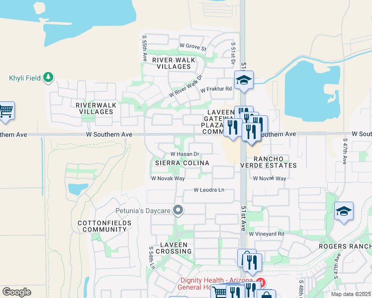 map of restaurants, bars, coffee shops, grocery stores, and more near 6116 South 53rd Drive in Phoenix