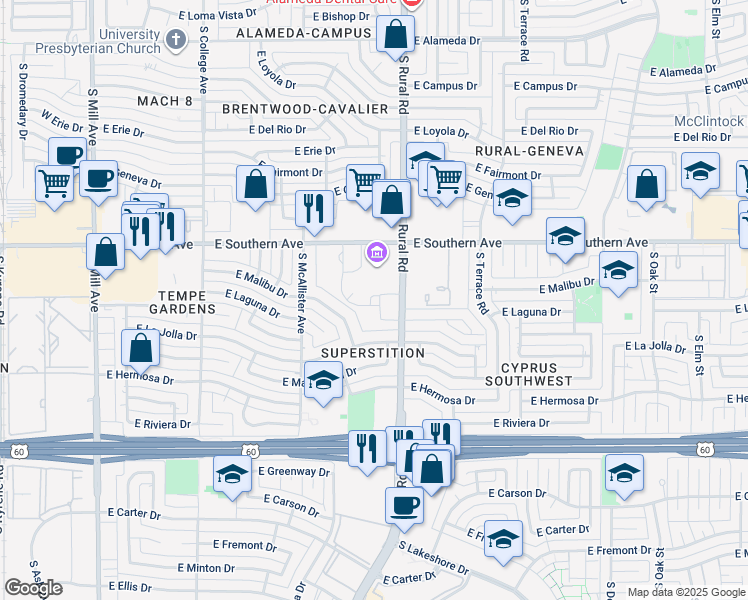 map of restaurants, bars, coffee shops, grocery stores, and more near 505 W Baseline Rd in Tempe