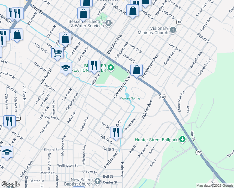 map of restaurants, bars, coffee shops, grocery stores, and more near 323 South 12th Street South in Bessemer