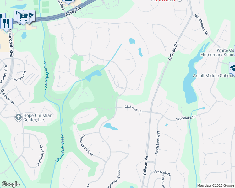 map of restaurants, bars, coffee shops, grocery stores, and more near 4 Village Lane in Newnan
