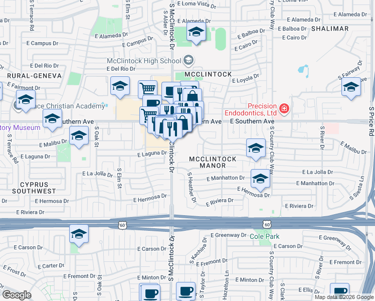 map of restaurants, bars, coffee shops, grocery stores, and more near 3501 South McClintock Drive in Tempe
