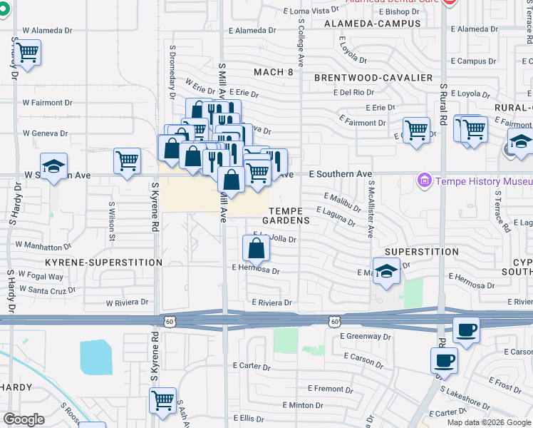 map of restaurants, bars, coffee shops, grocery stores, and more near 95 East Southern Avenue in Tempe