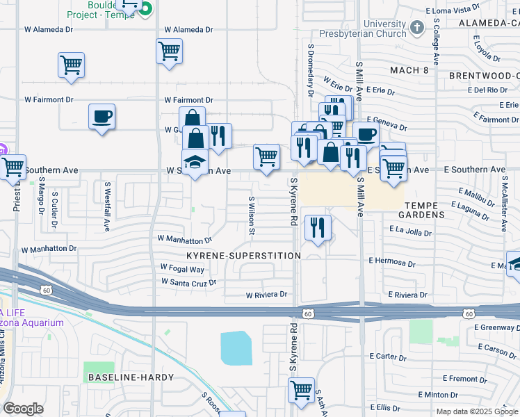 map of restaurants, bars, coffee shops, grocery stores, and more near 3500 South Wilson Street in Tempe