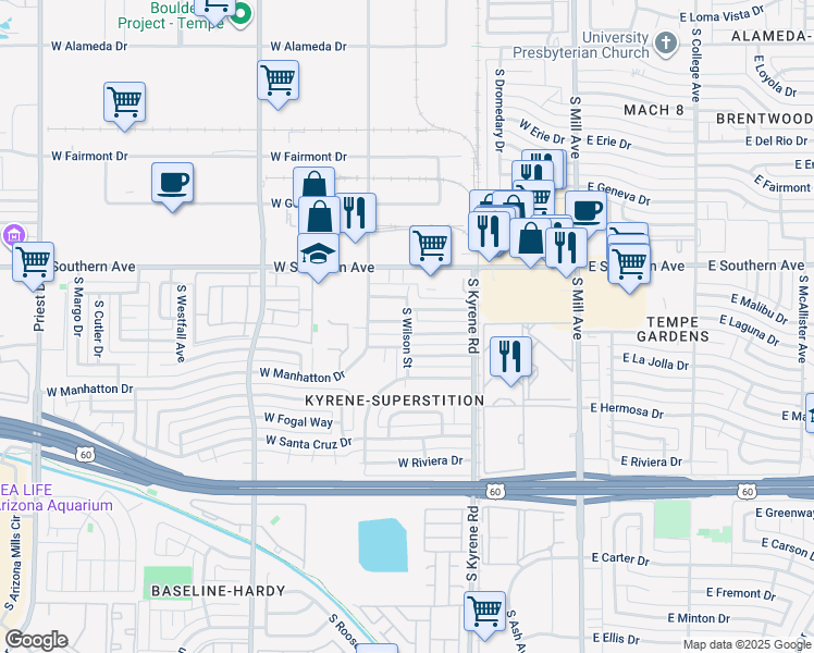 map of restaurants, bars, coffee shops, grocery stores, and more near 3500 South Wilson Street in Tempe