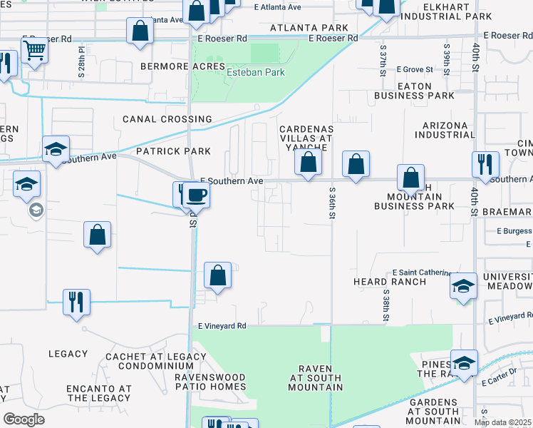 map of restaurants, bars, coffee shops, grocery stores, and more near 3401 East Southern Avenue in Phoenix