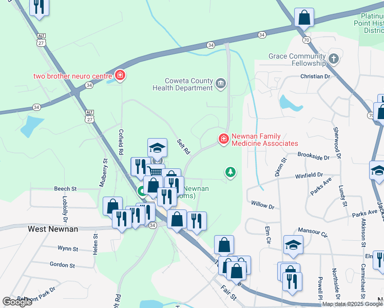 map of restaurants, bars, coffee shops, grocery stores, and more near 101 Selt Road in Newnan
