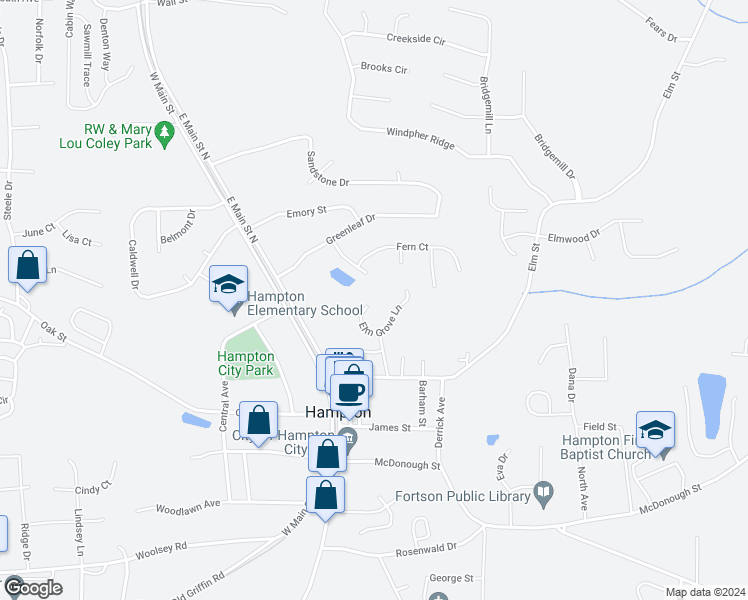 map of restaurants, bars, coffee shops, grocery stores, and more near 2000 Elm Grove Lane in Hampton