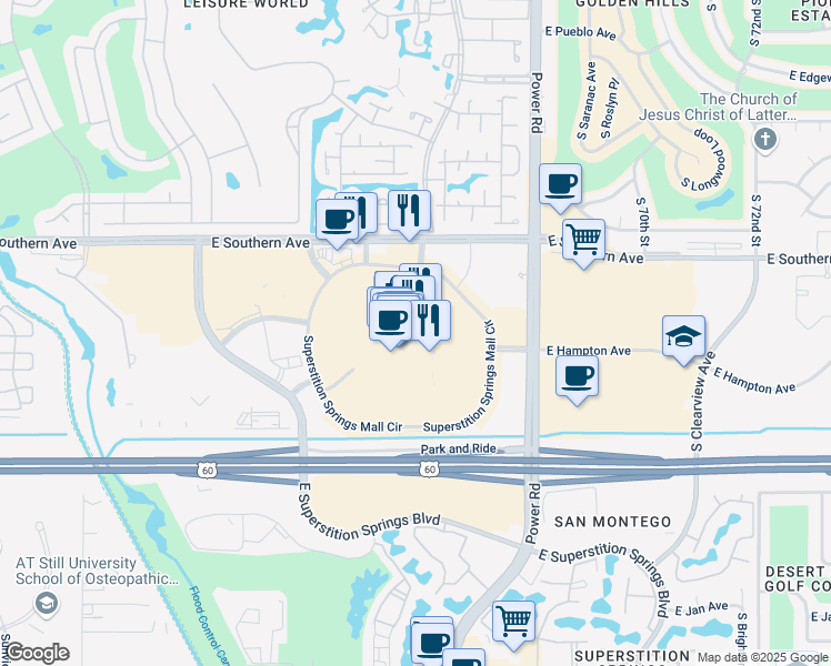 map of restaurants, bars, coffee shops, grocery stores, and more near 6555 East Southern Avenue in Mesa