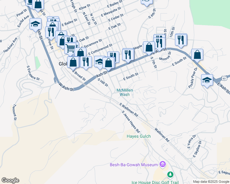 map of restaurants, bars, coffee shops, grocery stores, and more near 1425 South East Street in Globe