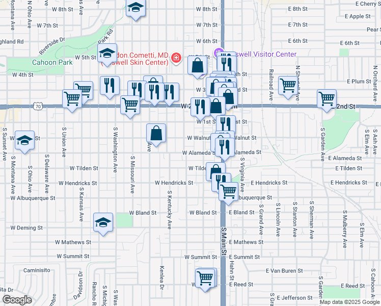 map of restaurants, bars, coffee shops, grocery stores, and more near 210 West Alameda Street in Roswell