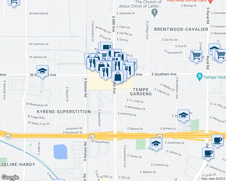 map of restaurants, bars, coffee shops, grocery stores, and more near South Apartment in Tempe