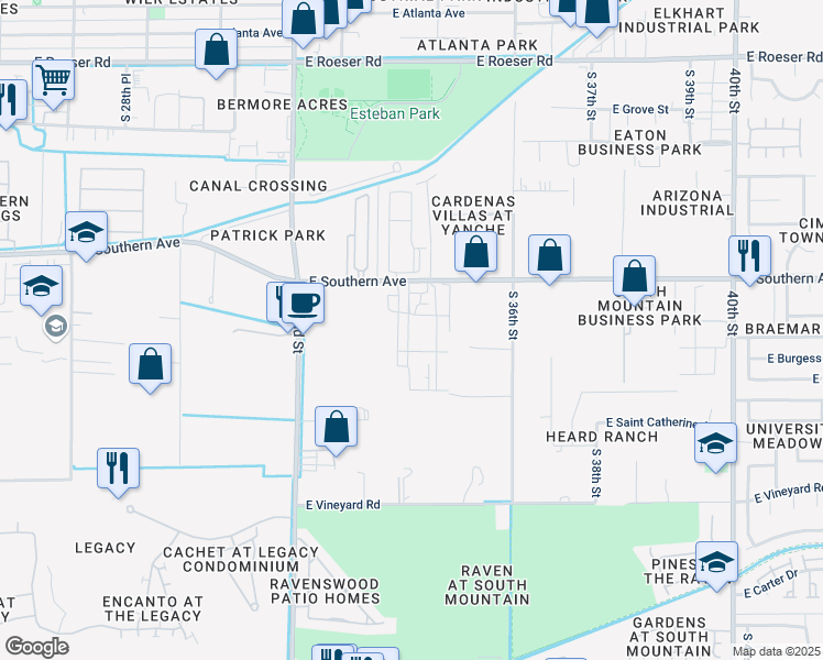 map of restaurants, bars, coffee shops, grocery stores, and more near 3401 East Southern Avenue in Phoenix