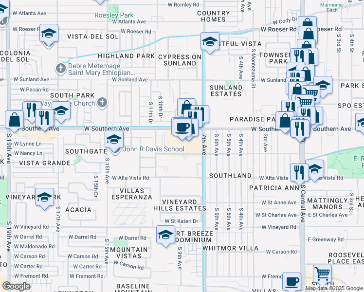 map of restaurants, bars, coffee shops, grocery stores, and more near 825 W Southern Ave in Phoenix