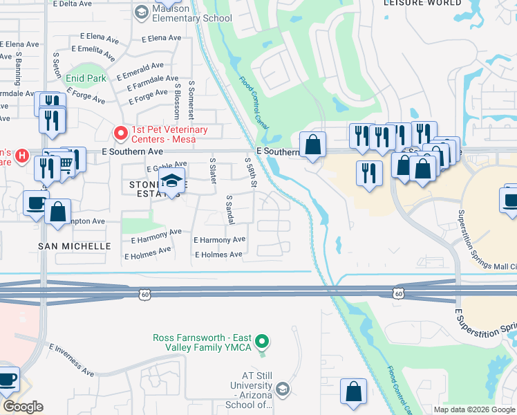 map of restaurants, bars, coffee shops, grocery stores, and more near 5763 East Glade Avenue in Mesa