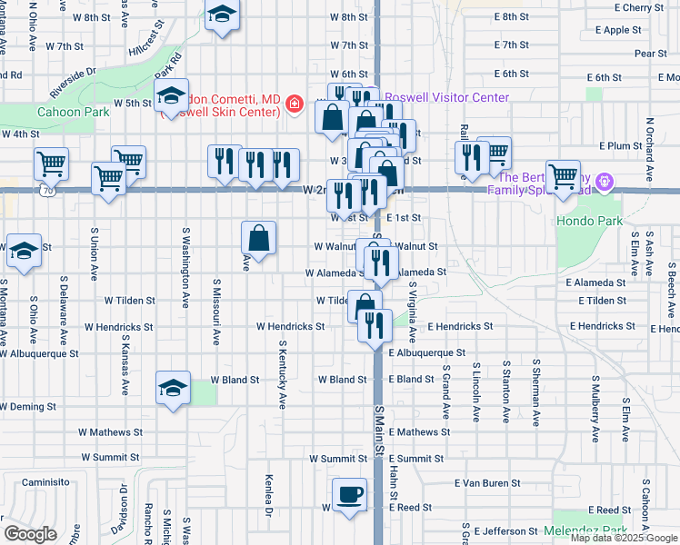 map of restaurants, bars, coffee shops, grocery stores, and more near 209 West Alameda Street in Roswell