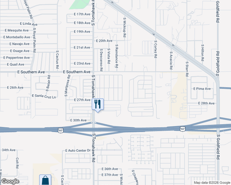 map of restaurants, bars, coffee shops, grocery stores, and more near 2605 South Tomahawk Road in Apache Junction