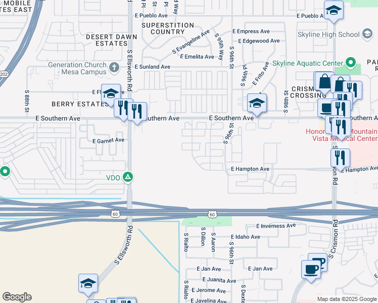 map of restaurants, bars, coffee shops, grocery stores, and more near 9355 East Southern Avenue in Mesa