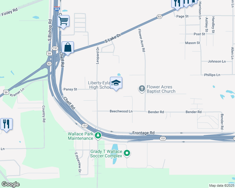 map of restaurants, bars, coffee shops, grocery stores, and more near 2905 Leopard Drive in Texarkana