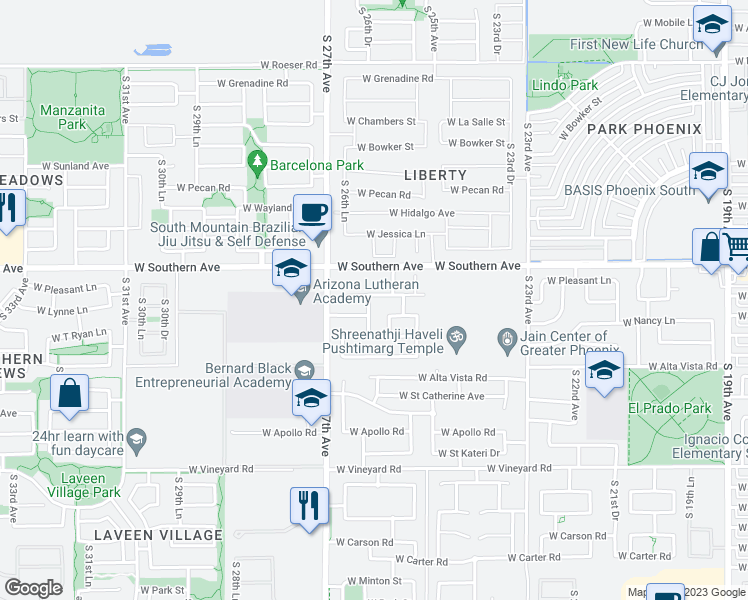 map of restaurants, bars, coffee shops, grocery stores, and more near 2555 West Lynne Avenue in Phoenix