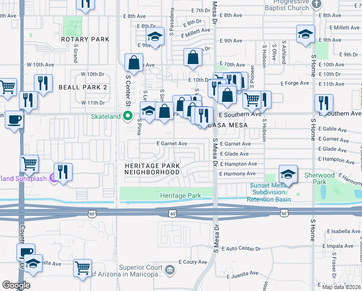 map of restaurants, bars, coffee shops, grocery stores, and more near 241 East Garnet Avenue in Mesa