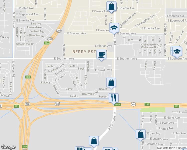 map of restaurants, bars, coffee shops, grocery stores, and more near 9039 East Garnet Avenue in Mesa