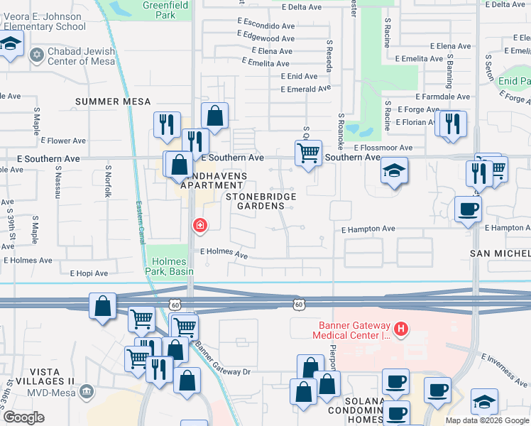 map of restaurants, bars, coffee shops, grocery stores, and more near 4612 East Glade Circle in Mesa