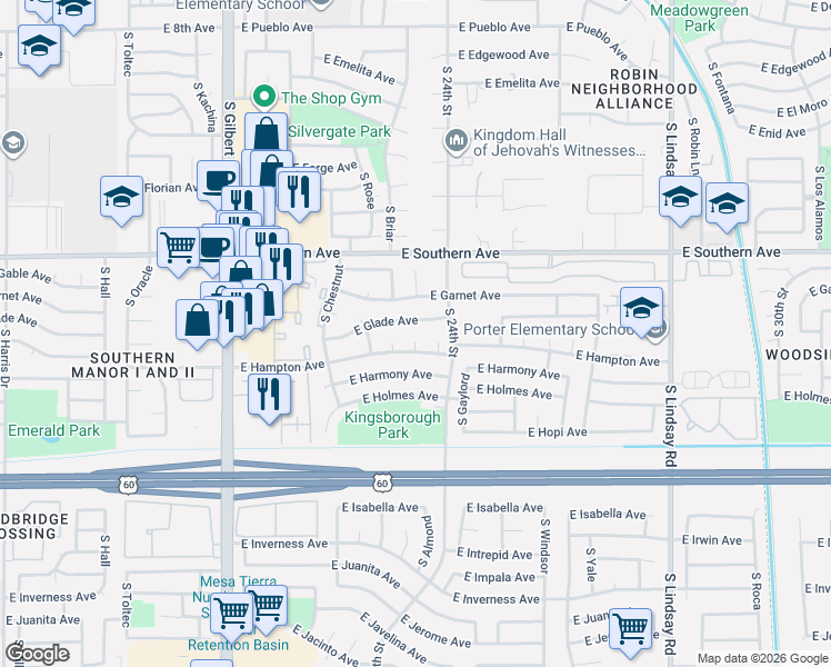 map of restaurants, bars, coffee shops, grocery stores, and more near 2306 East Glade Avenue in Mesa