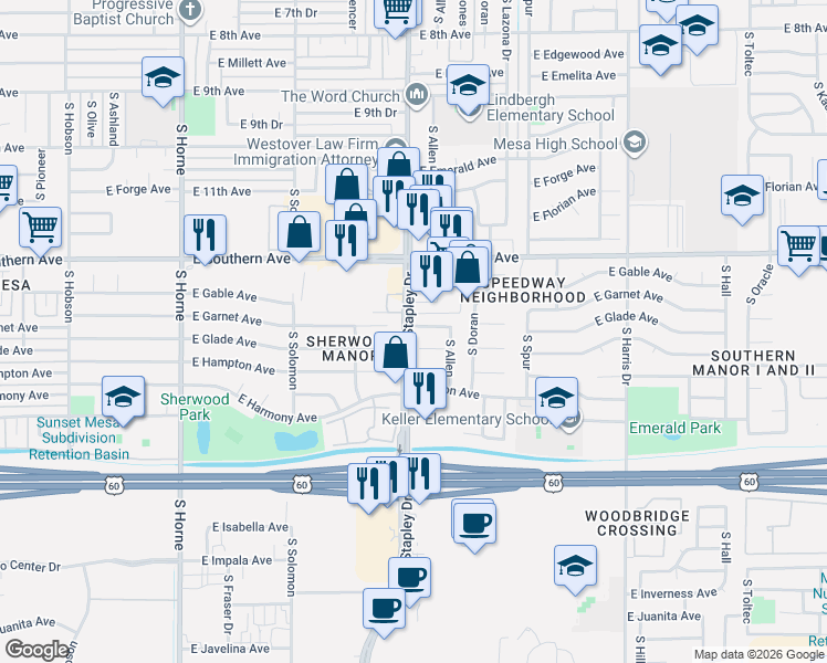 map of restaurants, bars, coffee shops, grocery stores, and more near 1255 South Stapley Drive in Mesa