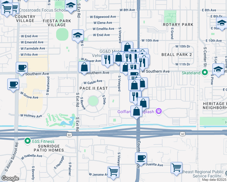 map of restaurants, bars, coffee shops, grocery stores, and more near 1248 South Vineyard in Mesa