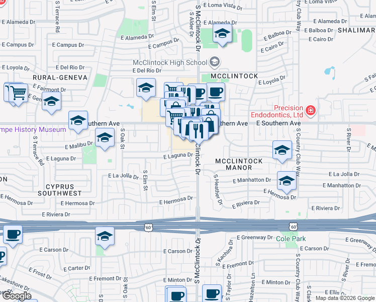 map of restaurants, bars, coffee shops, grocery stores, and more near 1719 East Southern Avenue in Tempe