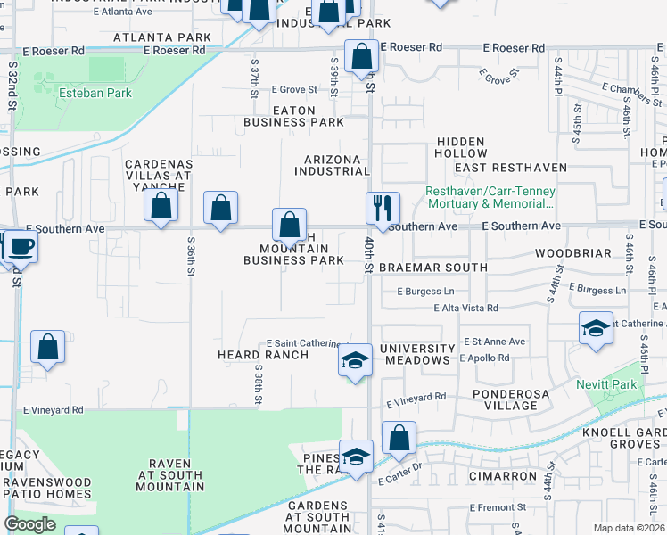 map of restaurants, bars, coffee shops, grocery stores, and more near 6048 South 40th Place in Phoenix