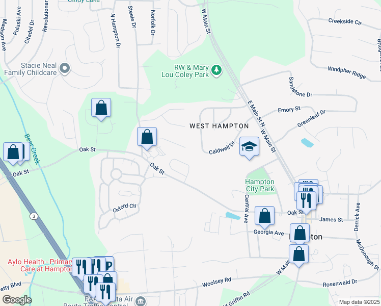 map of restaurants, bars, coffee shops, grocery stores, and more near 118 Jay Lane in Hampton