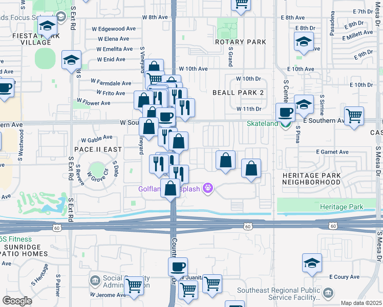 map of restaurants, bars, coffee shops, grocery stores, and more near 1367 South Country Club Drive in Mesa