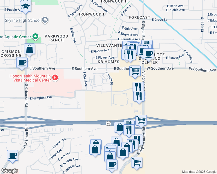 map of restaurants, bars, coffee shops, grocery stores, and more near 1304 South 105th Place in Mesa