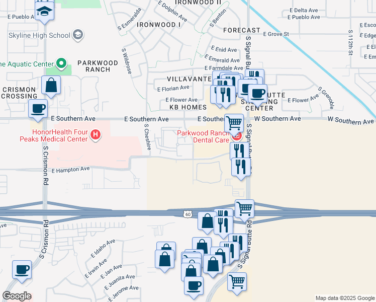 map of restaurants, bars, coffee shops, grocery stores, and more near 1304 South 105th Place in Mesa