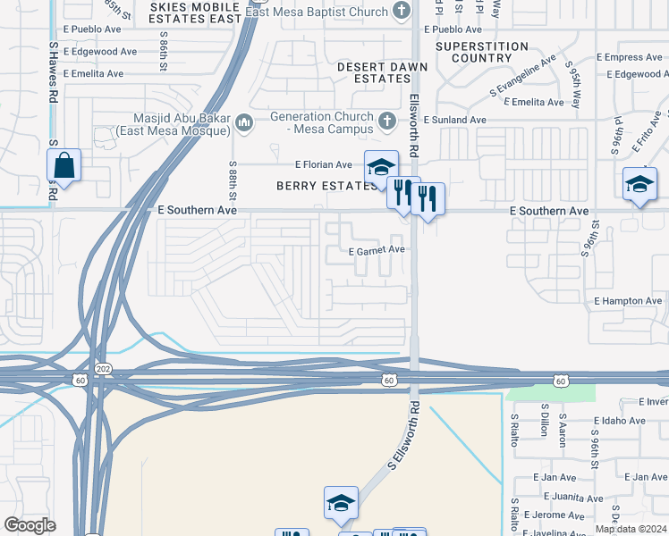 map of restaurants, bars, coffee shops, grocery stores, and more near 9017 East Glade Avenue in Mesa