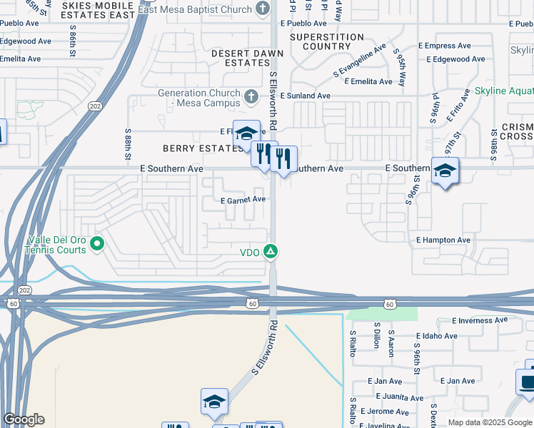 map of restaurants, bars, coffee shops, grocery stores, and more near 1323 South Providence Circle in Mesa