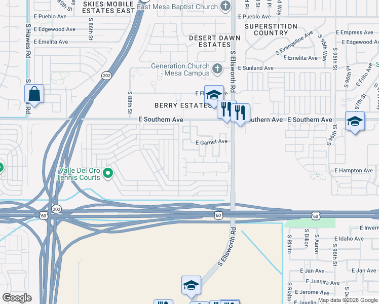 map of restaurants, bars, coffee shops, grocery stores, and more near 9039 East Garnet Avenue in Mesa