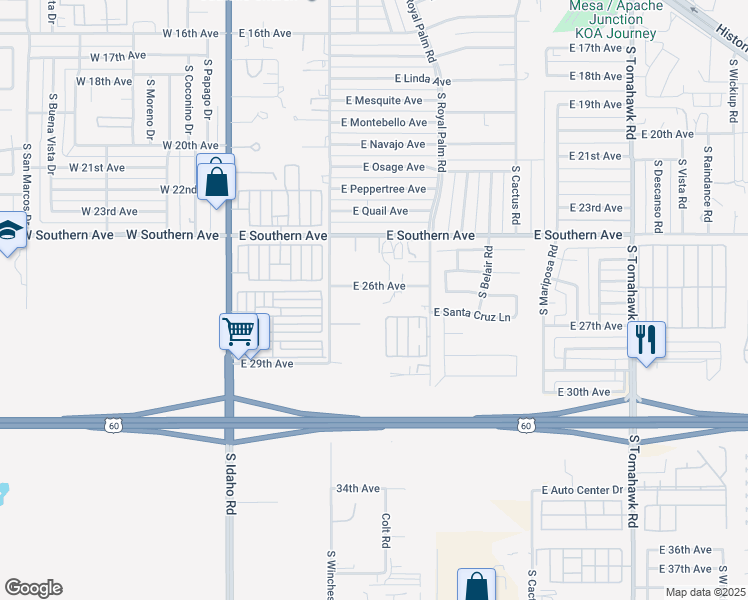 map of restaurants, bars, coffee shops, grocery stores, and more near 577 East 26th Avenue in Apache Junction