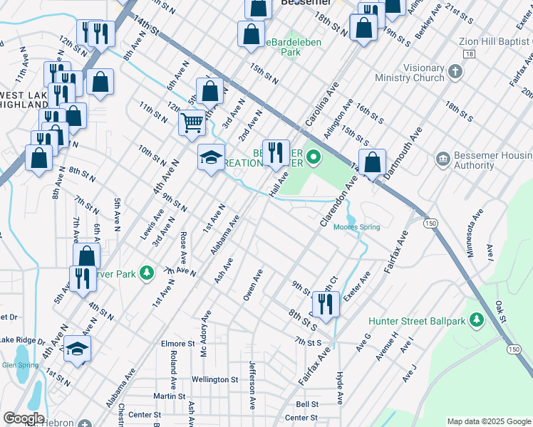 map of restaurants, bars, coffee shops, grocery stores, and more near 104 11th Street South in Bessemer